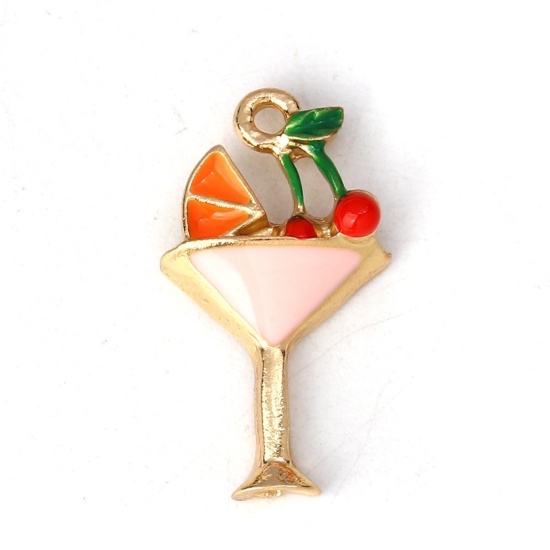 Picture of Zinc Based Alloy Charms Wine Glass Gold Plated Multicolor Cherry Enamel 19mm( 6/8") x 11mm( 3/8"), 10 PCs