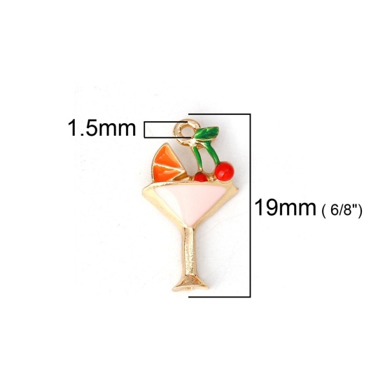 Picture of Zinc Based Alloy Charms Wine Glass Gold Plated Multicolor Cherry Enamel 19mm( 6/8") x 11mm( 3/8"), 10 PCs