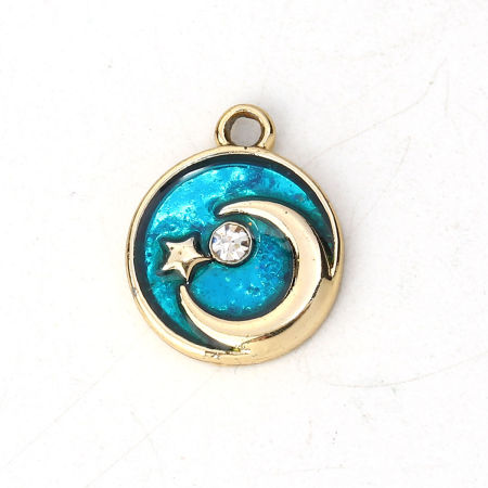 Zinc Based Alloy Charms Half Moon Gold Plated Deep Blue Star Clear Rhinestone Enamel 12mm( 4/8") x 10mm( 3/8"), 10 PCs