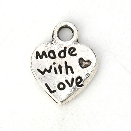 Picture of Zinc Based Alloy Charms Heart Antique Silver Color Message " Made With Love " 12mm( 4/8") x 9mm( 3/8"), 100 PCs