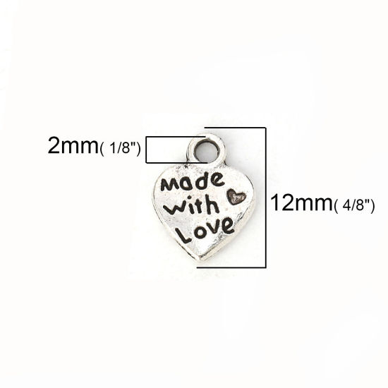 Bild von Zinklegierung Charms Herz Antiksilber Message " Made With Love " 12mm x 9mm, 100 Stück