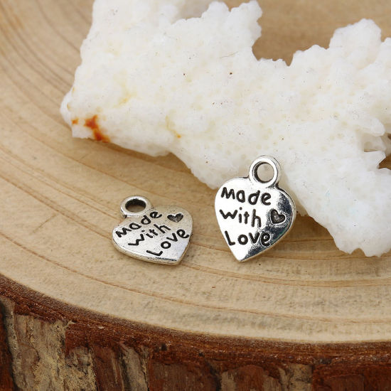 Bild von Zinklegierung Charms Herz Antiksilber Message " Made With Love " 12mm x 9mm, 100 Stück