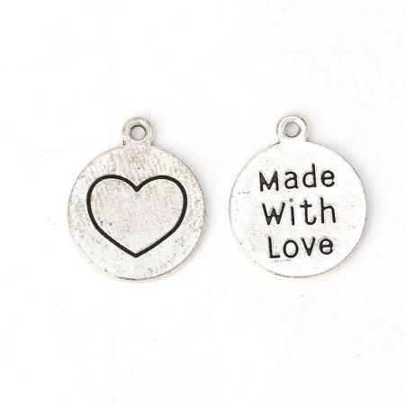 Zinklegierung Charms Rund Silberfarbe Message " Made With Love " 22mm x 18mm, 30 Stück