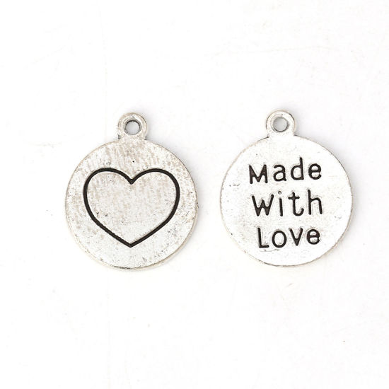 Imagen de Zamak Colgantes Charms Ronda Tono de Plata " Hecho con amor " 22mm x 18mm, 30 Unidades