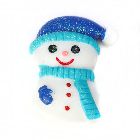 樹脂 装飾 クリスマス雪だるま 白 + 青 きらめき 27mm x 21mm、 10 個 の画像