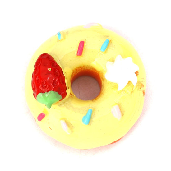 Picture of Resin Embellishments Donut Yellow Strawberries Pattern 22mm( 7/8") x 22mm( 7/8"), 10 PCs
