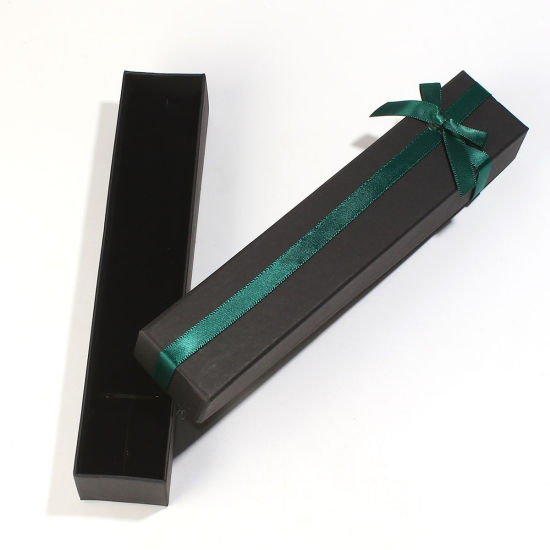 Picture of Paper Jewelry Necklace Gift Boxes Rectangle Black & Green Bowknot Pattern 20.8cm(8 2/8") x 4.3cm(1 6/8") , 2 PCs