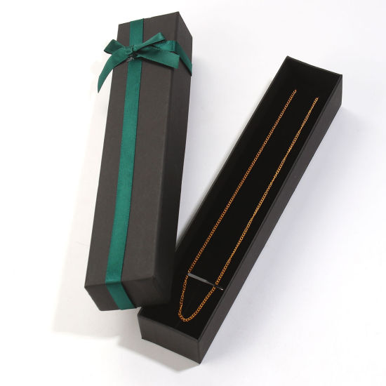 Picture of Paper Jewelry Necklace Gift Boxes Rectangle Black & Green Bowknot Pattern 20.8cm(8 2/8") x 4.3cm(1 6/8") , 2 PCs