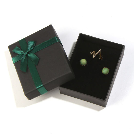 Picture of Paper Jewelry Necklace Gift Boxes Rectangle Black & Green Bowknot Pattern 20.8cm(8 2/8") x 4.3cm(1 6/8") , 2 PCs