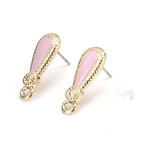 Picture of Zinc Based Alloy Ear Post Stud Earrings Findings Drop Gold Plated Pink Enamel W/ Loop 21mm x 8mm, Post/ Wire Size: (21 gauge), 10 PCs