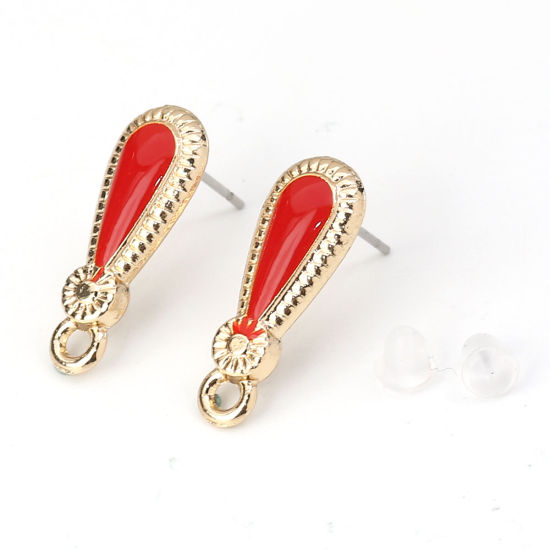 Picture of Zinc Based Alloy Ear Post Stud Earrings Findings Drop Gold Plated Red Enamel W/ Loop 21mm x 8mm, Post/ Wire Size: (21 gauge), 10 PCs