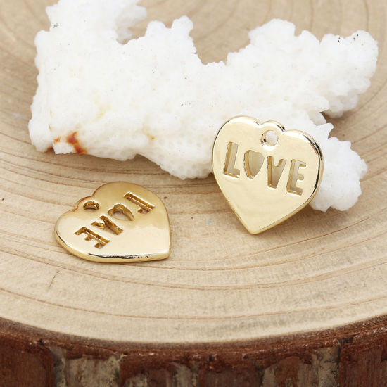 Immagine di Lega di Zinco Charms Cuore Oro Placcato Messaggio " LOVE " 15mm x 15mm , 10 Pz
