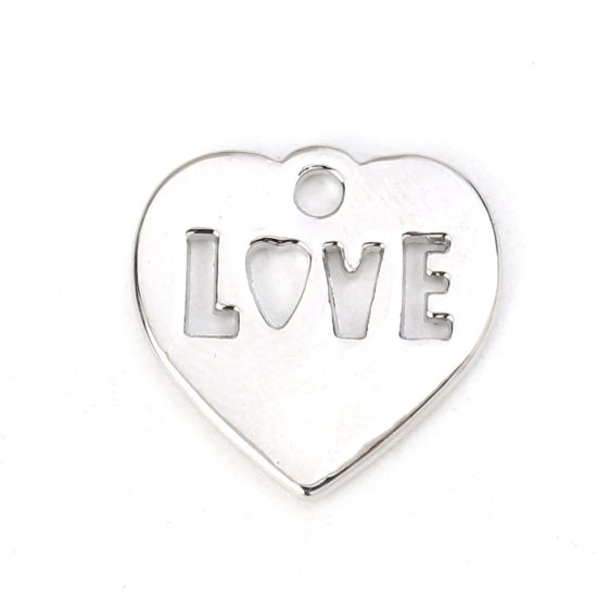 Immagine di Lega di Zinco Charms Cuore Tono Argento Messaggio " LOVE " 15mm x 15mm , 10 Pz
