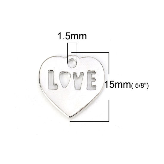 Immagine di Lega di Zinco Charms Cuore Tono Argento Messaggio " LOVE " 15mm x 15mm , 10 Pz