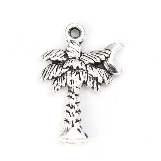Picture of Zinc Based Alloy Charms Coconut Tree Antique Silver Color Moon 21mm( 7/8") x 14mm( 4/8"), 50 PCs