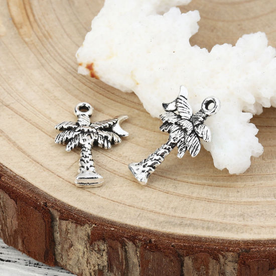 Picture of Zinc Based Alloy Charms Coconut Tree Antique Silver Color Moon 21mm( 7/8") x 14mm( 4/8"), 50 PCs