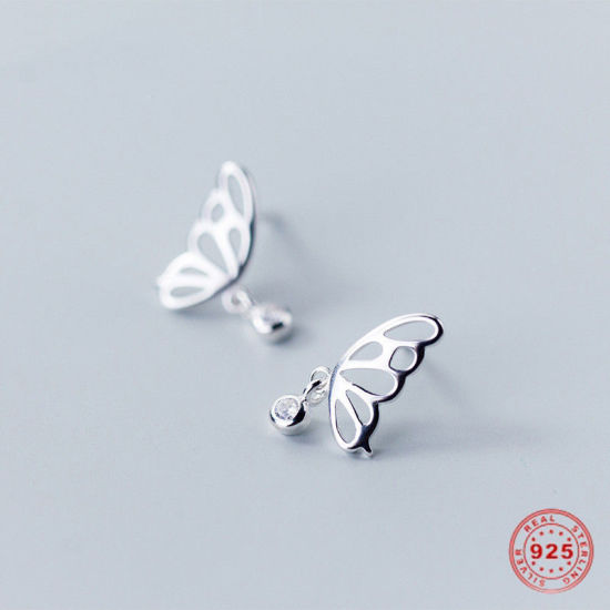 Picture of Sterling Silver & Cubic Zirconia Earrings Silver Transparent Clear Butterfly Animal Hollow 12mm( 4/8") x 8mm( 3/8"), 1 Pair