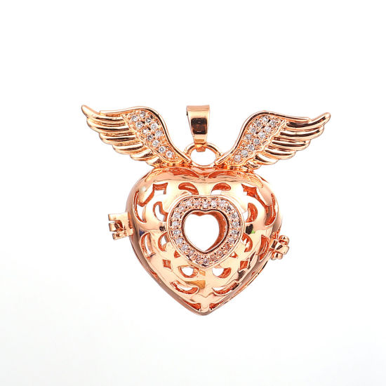 Picture of Copper Pendants Mexican Angel Caller Bola Harmony Ball Wish Box Locket Heart Rose Gold Clear Rhinestone Can Open (Fits 16mm Beads) 37mm(1 4/8") x 27mm(1 1/8"), 1 Piece