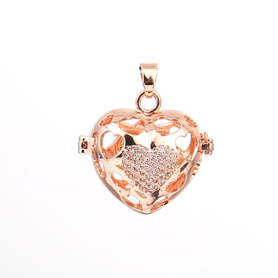 Picture of Copper Pendants Mexican Angel Caller Bola Harmony Ball Wish Box Locket Heart Rose Gold Clear Rhinestone Can Open (Fits 16mm Beads) 32mm(1 2/8") x 28mm(1 1/8"), 1 Piece