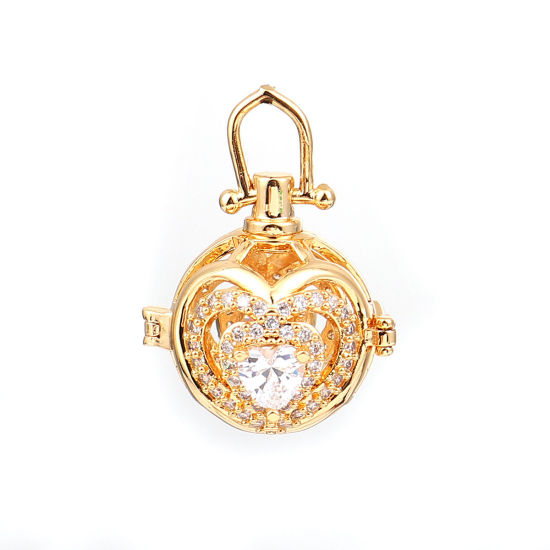 Picture of Copper Pendants Mexican Angel Caller Bola Harmony Ball Wish Box Locket Heart Gold Plated Clear Rhinestone Can Open (Fits 14mm Beads) 33mm(1 2/8") x 24mm(1"), 1 Piece