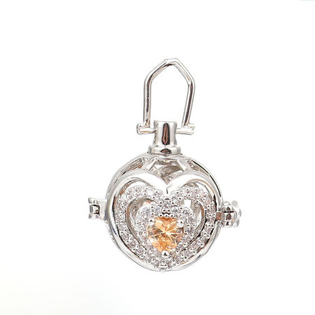 Picture of Brass Pendants Mexican Angel Caller Bola Harmony Ball Wish Box Locket Heart Silver Tone Transparent Clear Champagne Rhinestone Can Open (Fits 14mm Beads) 33mm(1 2/8") x 24mm(1"), 1 Piece