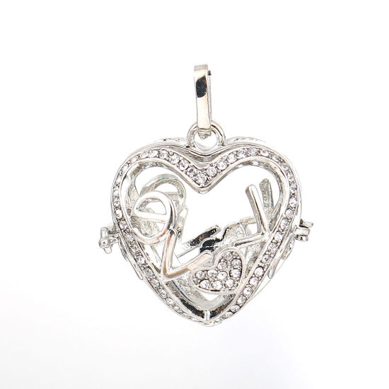 Picture of Copper Pendants Mexican Angel Caller Bola Harmony Ball Wish Box Locket Heart Silver Tone Clear Rhinestone Can Open (Fits 18mm Beads) 41mm(1 5/8") x 32mm(1 2/8"), 1 Piece