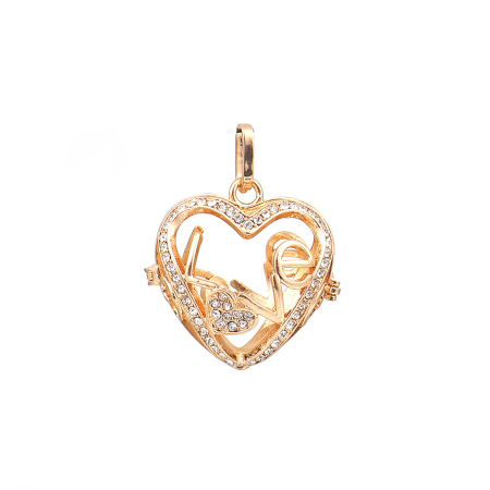 Picture of 1 Piece Brass Pendants Mexican Angel Caller Bola Harmony Ball Wish Box Locket Heart Gold Plated Message " LOVE " Clear Rhinestone Can Open (Fits 18mm Beads) 41mm x 32mm
