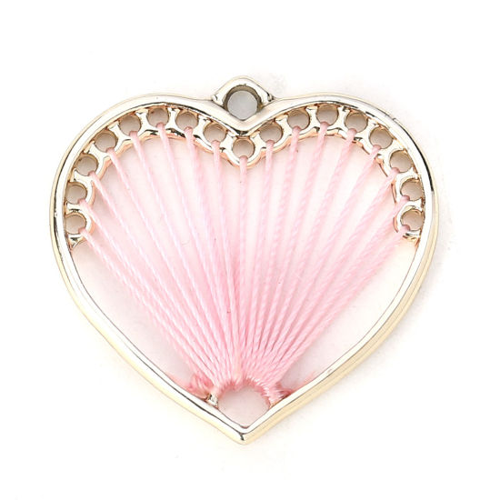 Picture of Zinc Based Alloy Thread Wrapped Charms Heart KC Gold Plated Pink 26mm x 26mm, 5 PCs