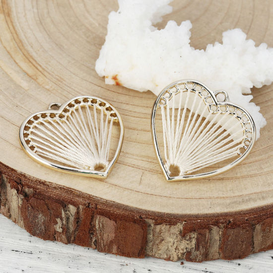 Picture of Zinc Based Alloy Thread Wrapped Charms Heart KC Gold Plated Pink 26mm x 26mm, 5 PCs