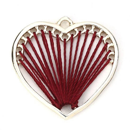Picture of Zinc Based Alloy Thread Wrapped Charms Heart KC Gold Plated Purplish Red 26mm x 26mm, 5 PCs