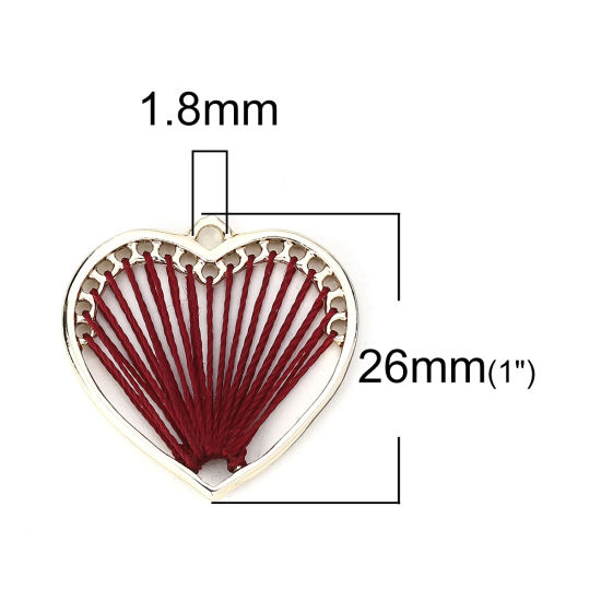 Picture of Zinc Based Alloy Thread Wrapped Charms Heart KC Gold Plated Purplish Red 26mm x 26mm, 5 PCs
