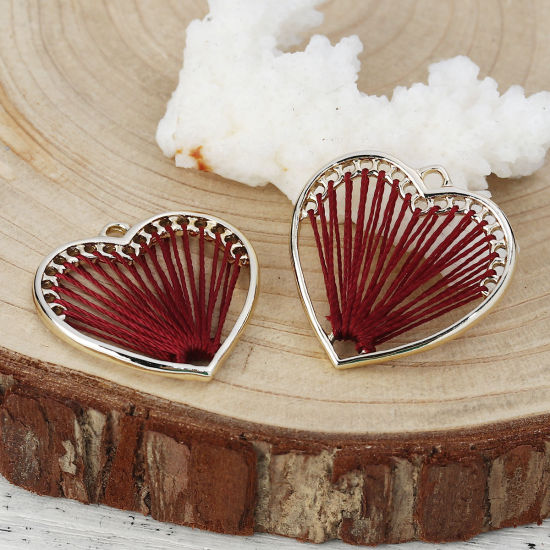 Picture of Zinc Based Alloy Thread Wrapped Charms Heart KC Gold Plated Purplish Red 26mm x 26mm, 5 PCs
