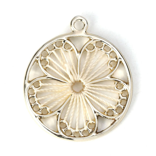 Picture of Zinc Based Alloy Thread Wrapped Charms Plum Blossom KC Gold Plated Creamy-White 29mm x 25mm, 5 PCs