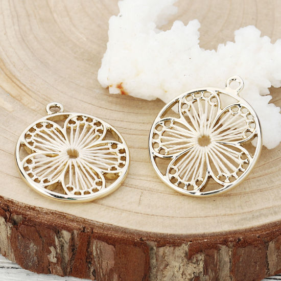 Picture of Zinc Based Alloy Thread Wrapped Charms Plum Blossom KC Gold Plated Creamy-White 29mm x 25mm, 5 PCs