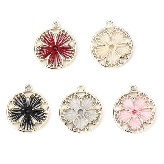 Picture of Zinc Based Alloy Thread Wrapped Charms Plum Blossom KC Gold Plated Creamy-White 29mm x 25mm, 5 PCs
