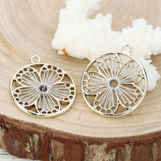 Picture of Zinc Based Alloy Thread Wrapped Charms Plum Blossom KC Gold Plated Creamy-White 29mm x 25mm, 5 PCs