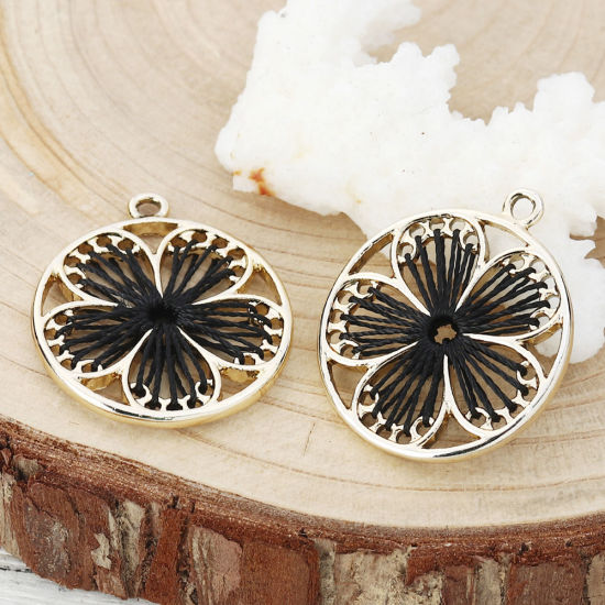 Picture of Zinc Based Alloy Thread Wrapped Charms Plum Blossom KC Gold Plated Creamy-White 29mm x 25mm, 5 PCs