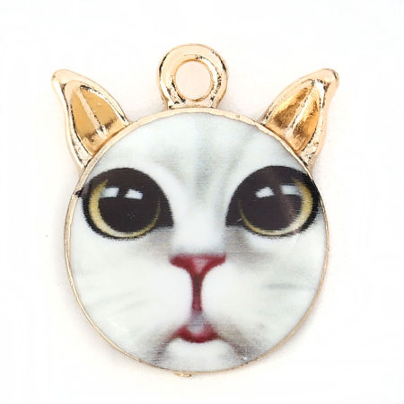 Подвески Кошка Позолоченный Белый С Эмалью 21мм x 18мм, 10 ШТ