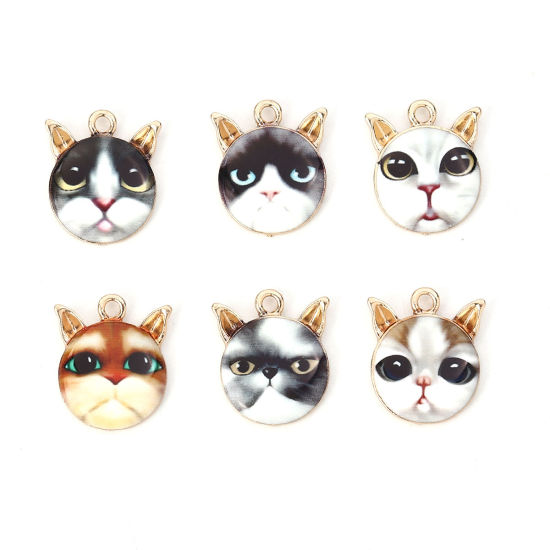 Imagen de Zamak Colgantes Charms Gato Chapado en Oro Marrón Claro Esmalte 21mm x 18mm, 10 Unidades
