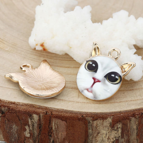 Imagen de Zamak Colgantes Charms Gato Chapado en Oro Marrón Claro Esmalte 21mm x 18mm, 10 Unidades