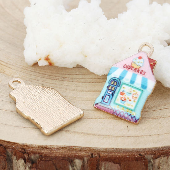 Picture of Zinc Based Alloy Charms House Gold Plated Multicolor Enamel 22mm( 7/8") x 13mm( 4/8"), 10 PCs