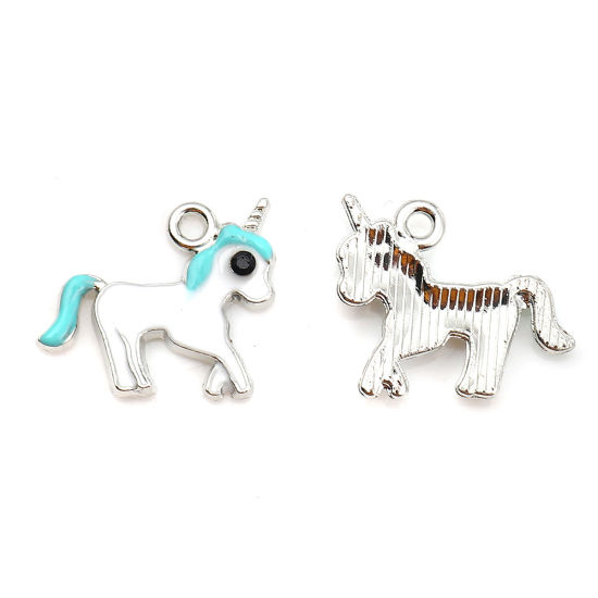 Bild von Zinklegierung Charms Pferd Silberfarbe Weiß Emaille 16mm x 14mm, 10 Stück
