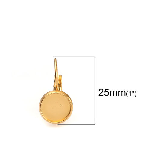 Picture of Stainless Steel Lever Back Clips Earrings Round Gold Plated Cabochon Settings (Fits 12mm Dia.) 25mm(1") x 14mm( 4/8"), 4 PCs