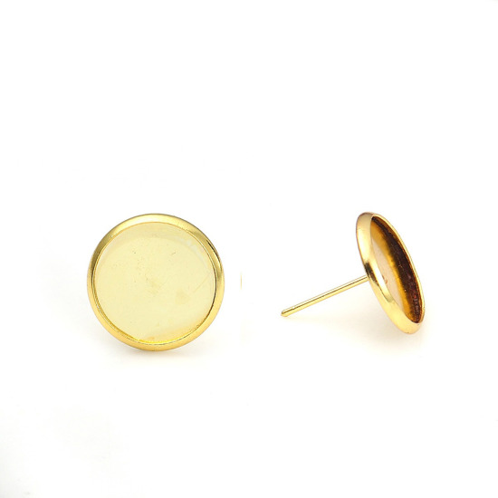 Bild von Ohrstecker aus Edelstahl, rund, vergoldet, Cabochon-Fassungen (passend für 10 mm Durchmesser), 12 mm Durchmesser, Stift-/Drahtgröße: (21 Gauge), 4 Stück