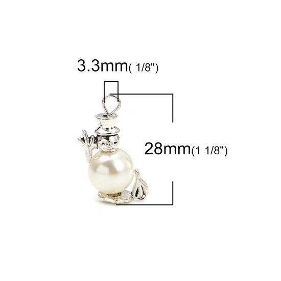 Image de Breloques en Alliage de Zinc+Acrylique Bonhomme de Neige de Noël Imitation Perles Argent Vieilli Blanc 28mm x 19mm, 10 Pcs