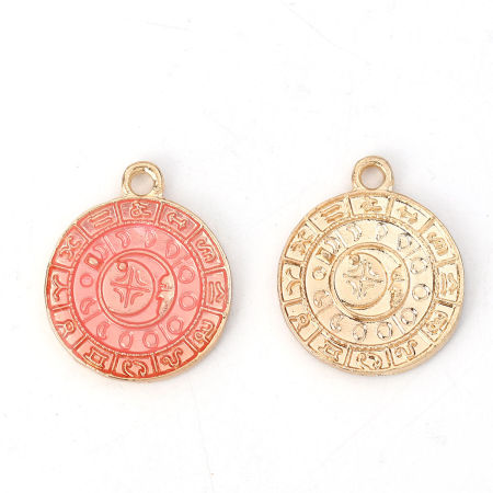 Zinc Based Alloy Charms Round Disc Gold Plated Pink Constellation Enamel 23mm( 7/8") x 19mm( 6/8"), 10 PCs