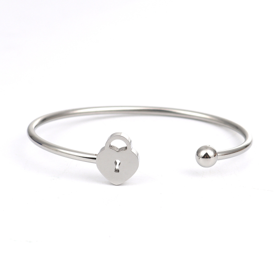 Immagine di 304 Acciaio Inossidabile Aprire Braccialetti Tono Argento Cuore Serratura 17cm Lunghezza, 1 Pz