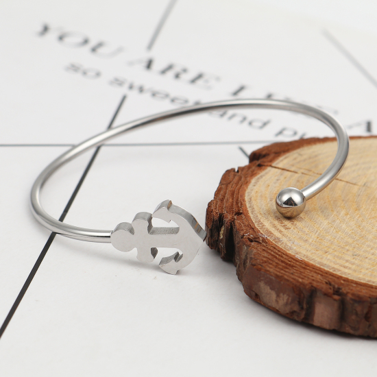 Immagine di 304 Acciaio Inossidabile Aprire Braccialetti Tono Argento Ancora 18cm Lunghezza, 1 Pz