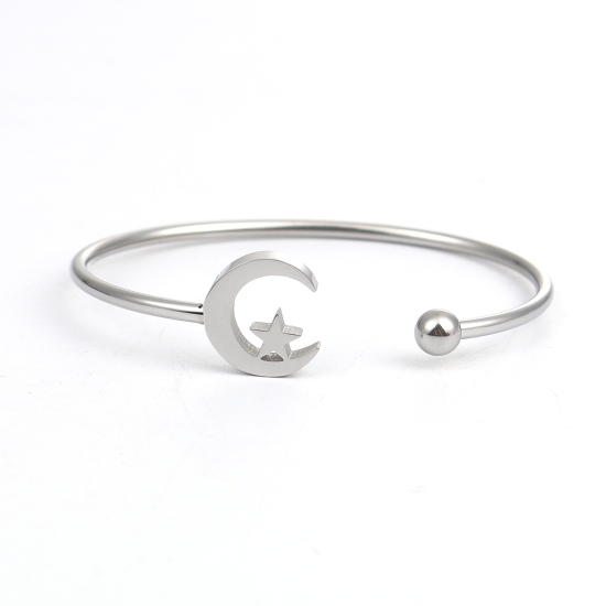 Immagine di 304 Acciaio Inossidabile Aprire Braccialetti Tono Argento Luna Stella 17.7cm Lunghezza, 1 Pz