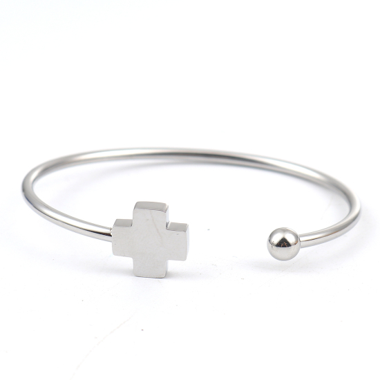 Immagine di 304 Acciaio Inossidabile Aprire Braccialetti Tono Argento Croce 17.5cm Lunghezza, 1 Pz